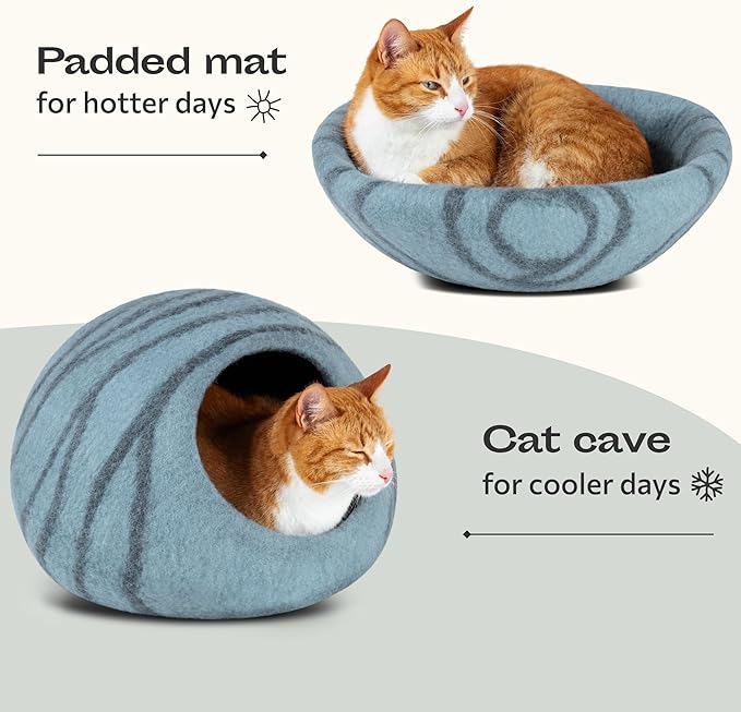 MEOWFIA Cat Cave – Premium Felt Cat Bed for Indoor Cats, Handmade 100% Merino Wool (Aquamarine, Large)