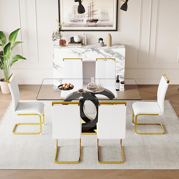 63'' Glass Dining Table Set for 6, Kitchen Table Chairs Set of 6, Clear Glass Dining Table with Black unique design Leg and Gold Metal Base, 6 PU Dining Chairs with Metal Legs, Living Room, Kitchen.
