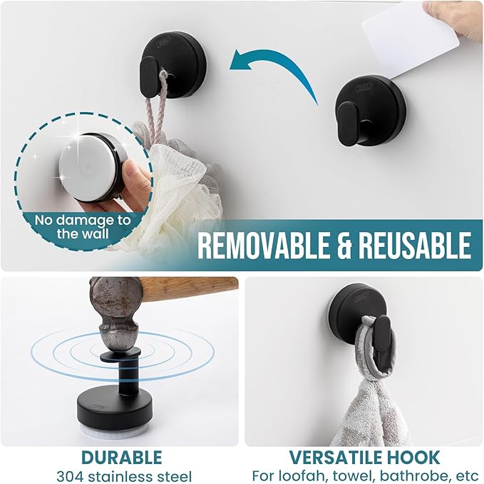 TAILI Stylish 304 Stainless Steel Bathroom Suction Hooks for Towel, Bathrobe, Loofah, No Damage Hanging Glass Shower Wall Hook, Patented Strong Suction Cup Holder, Hold Up to 11 Lbs, I-Cylinder Black