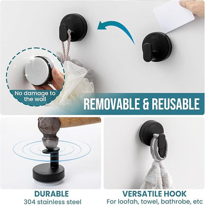 TAILI Stylish 304 Stainless Steel Bathroom Suction Hooks for Towel, Bathrobe, Loofah, No Damage Hanging Glass Shower Wall Hook, Patented Strong Suction Cup Holder, Hold Up to 11 Lbs, I-Cylinder Black