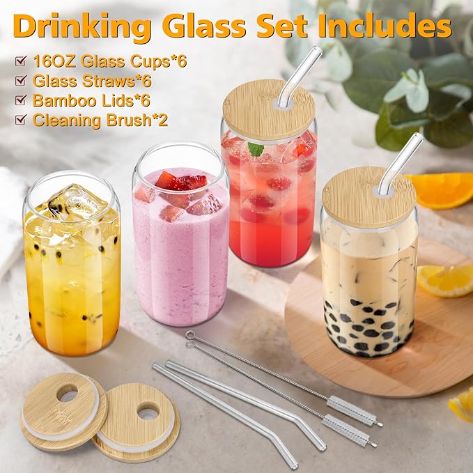 sungwoo 6PCS Glass Cups with Bamboo Lids and Straws, 16OZ Ice Coffee Cup, Drinking Cup set with Wooden Lids, Home Essential Glass Tumblers for Beer, Cocktail, Tea and Latte Clear