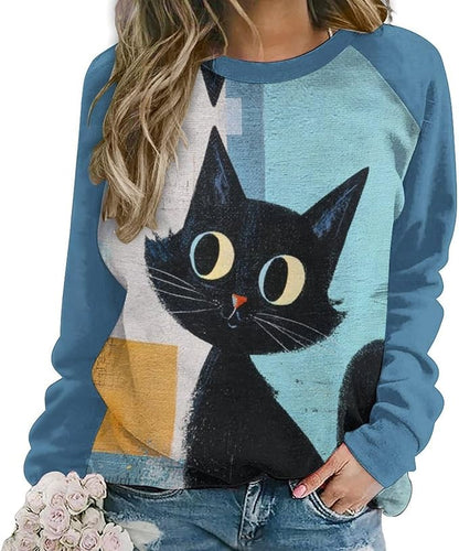 Abstract Cute Cat Shirts for Women Long Sleeve Lady Crewneck Pullover Sweatshirt Fall Winter Oversized Tops