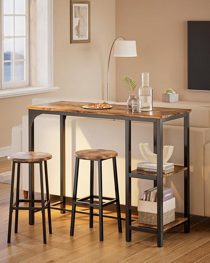 3-Piece Bar Table Set for 2, Bar Height Table with Stools & 2 Storage Shelves, Small Bar Table Set with Glass Rack, Small Kitchen Table for Dining Room, Living Room, Rustic Brown