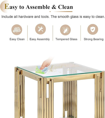 Goujxcy Glass Coffee Table and End Table Set of 3, Luxury Coffee Table Set with Tempered Glass & Gold Stainless Steel Legs, 3 Piece Living Room Table Set for Bedroom Home Office