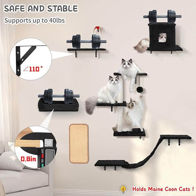 Cat Wall Shelves, 6 in 1 Cat Wall Furniture Set with Condos House, Bed, Bridge, Tree, Steps, Scratching Board, DIY Walls Playground for Indoor (Black)
