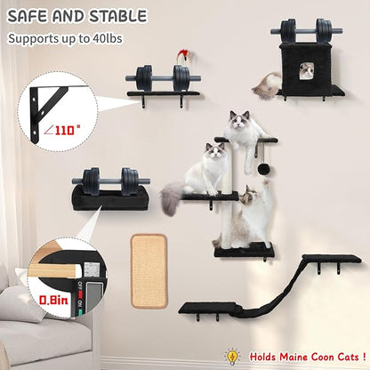 Cat Wall Shelves, 6 in 1 Cat Wall Furniture Set with Condos House, Bed, Bridge, Tree, Steps, Scratching Board, DIY Walls Playground for Indoor (Black)