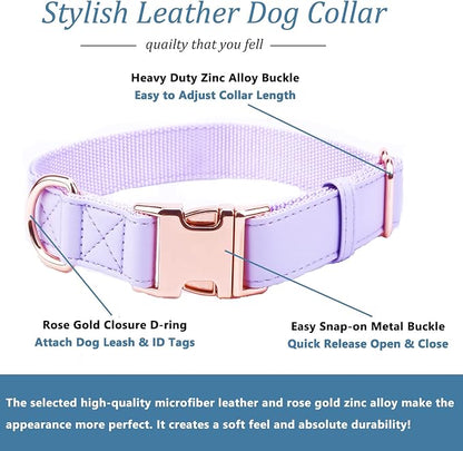 Dog Collar and Leash Set.Soft and Easy to Clean Vegan Leather with Rose Gold Metal Buckle for Small Medium Large Dogs (Light Purple, S(12.2"-16.9"))