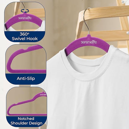 SereneLife 100 Pack Velvet Hangers - Non-Slip Felt with 360° Swivel Hook, Space-Saving, Ultra-Thin, Lightweight for Shirts, Sweaters, Hoodies, Kids Clothes & Dresses