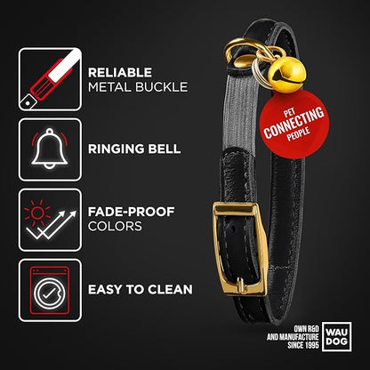WAUDOG Ultra Soft Rolled Leather Cat Collar with Removable Bell, Safety Elastic Strap and QR ID Tag - Soft Padded for Small, Medium, and Large Cats - Round Kitten Collar for Male and Female Cats