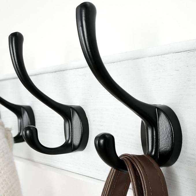 Dseap Wall Mounted Coat Rack: 38-1/4" Long, Patented, Heavy-Duty, 10-Double-Hooks Wooden Hanger Rail for Winter Coats, Hat, Jacket, Clothing - White & Black, Pack of 2