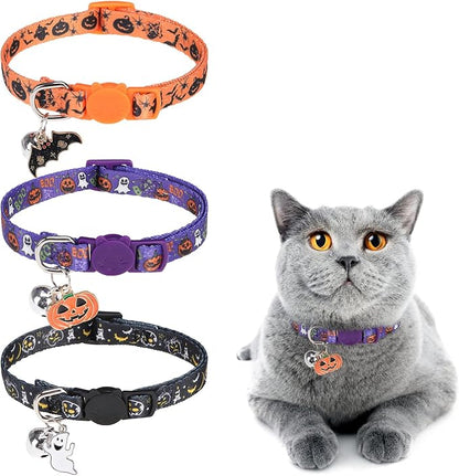 3 Pack Halloween Breakaway Cat Collars with Bell & Charm-Holiday Cat Collar for Girl Boy Cats with Safety Buckle- Cute Pumpkin Skull Kitten Collar Adjustable 8"-12" for Kitty Puppy Small Pets