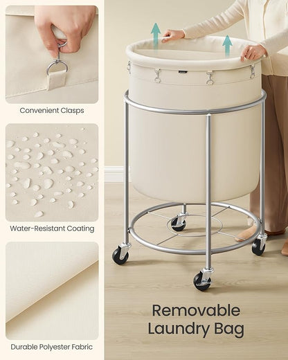 SONGMICS 63.5-Gallon (240 L) Laundry Basket with Wheels, Rolling Round Heavy-Duty Laundry Hamper Cart with Steel Frame and Removable Bag, 2 Locking Wheels, Cream White and Metallic Silver URLS012W01