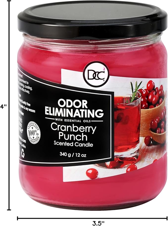 Cranberry Punch Odor Eliminating Highly Fragranced Candle - Eliminates 95% of Pet, Smoke, Food, and Other Smells Quickly - Up to 80 Hour Burn time - 12 Ounce Premium Soy Blend