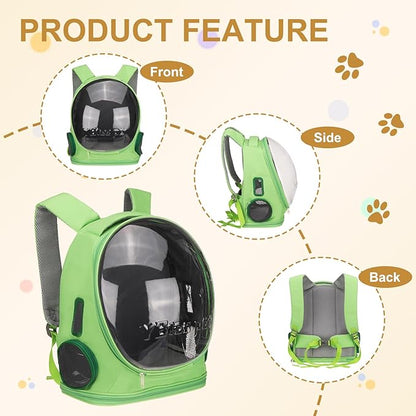 Pet Backpack Carrier, Portable and Ventilated, Oxford Cloth, Dog Cat Travel Bag with Transparent Cover 12.99", (Green, 1 Pcs), Intended for Hiking/Camping/Traveling