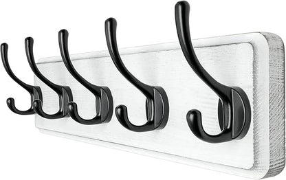 Dseap Coat Rack Wall: Patented, Heavy-Duty, 17.4" Long 5-Double-Hooks Wooden Wall Mounted Coat Rack Coat Hanger Hook Rail for Winter Coats Hat Jacket Clothing, White & Black