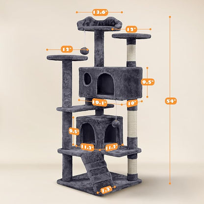 Yaheetech 54in Cat Tree, Multi-Level Cat Tower with Spacious Kitten-ear Perch, 2 Cozy Caves, Scratching Posts, Climbing Ladder, 2 Plush Balls, Durable Pet House Furniture for Indoor Kittens, Dark Gray