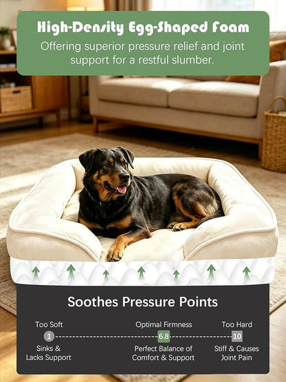 Spotted Play Orthopedic Dog Bed with Sides - Sofa Beds for Extra Large Dogs, Supportive Foam Pet Couch Bed with Washable Removable Cover, Waterproof Lining and Non-Slip Bottom, Ivory - XL