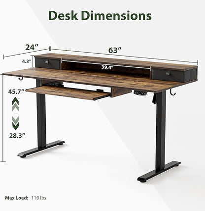 Agilestic Electric Standing Desk with 2 Drawers and Keyboard Tray, 63 x 24 Inches Ergonomic Adjustable Height Desk with Storage, Sit Stand up Computer Workstation, Rustic Brown