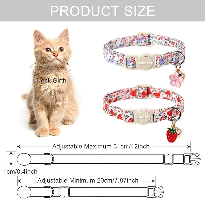 ARING PET 2 Pack Cat Collar-Cute Kitty Collars with Bell & Pendant, Adjustable Floral&Strawberry Kitten Collars with Safety Buckle for Girl and Boy Pets