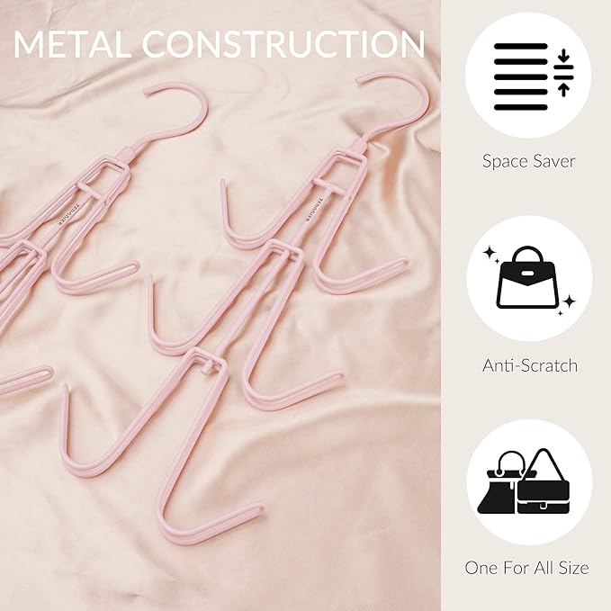 ZEDODIER Purse Hanger Organizer for Closet, 2 Pack Hanging Bag Holder, Keeping Purses Visible and in Good Condition, Metal Handbag Storage Hook Backpack Rack Space Saving Hanger, Pink