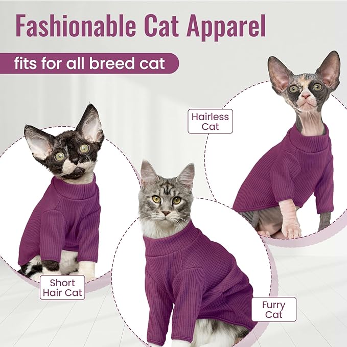 DENTRUN Sphynx Hairless Cats Shirt Pullover Kitten T-Shirts, Breathable Cat Wear Turtleneck Sweater Adorable Cat's Clothes Vest Pajamas Jumpsuit
