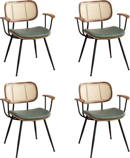 Rattan Dining Room Chairs Set of 4,Mid Century Modern Kitchen Side Chairs,Metal Legs Desk Chair,Faux Leather Accent Chair with Arms and Rattan Backrest Green PU