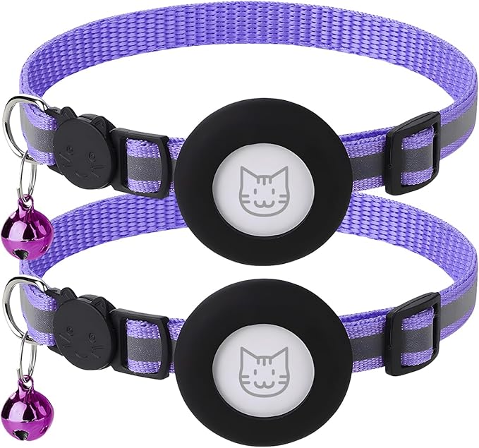 2 Pack Airtag Cat Collar with Bell, Reflective Nylon Kitten Collar with Apple Air Tag Holder and Breakaway Safety Buckle for Puppy Girl Boy Cats, 3/8" in Width and Lightweight, Purple