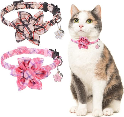 Cat Collar with Bells- Breakaway Cat Collar for Girl Cats- Flower Cat Collars with Removable Floral Safety Buckle- Cute Kitten Collar Adjustable 8"-12" for Kitty Puppy and Small Pets
