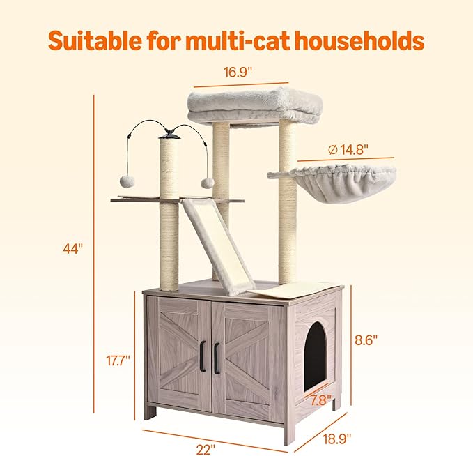 Amazon Basics Furniture Style Cat Tree with Litter Box Enclosure, Cat Tree with Scratching Posts, Sisal Pad, Cozy Perch and Hammock