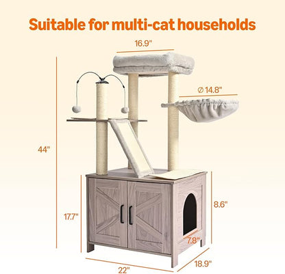 Amazon Basics Furniture Style Cat Tree with Litter Box Enclosure, Cat Tree with Scratching Posts, Sisal Pad, Cozy Perch and Hammock