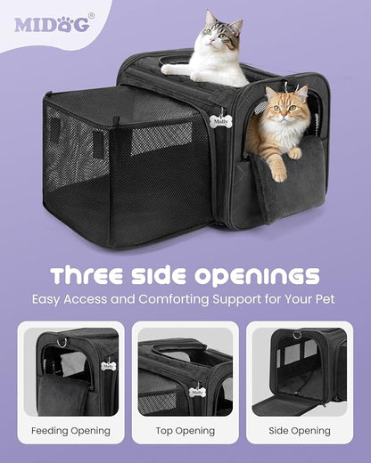 MIDOG Cat Carrier Soft for Small to Medium-Sized Cats,Up to 25 Lbs,TSA Airline Approved Soft Sided Pet Carrier,Collapsible Travel Cat Carry Bag(Black,20 inch x 13 inch x 13 inch)