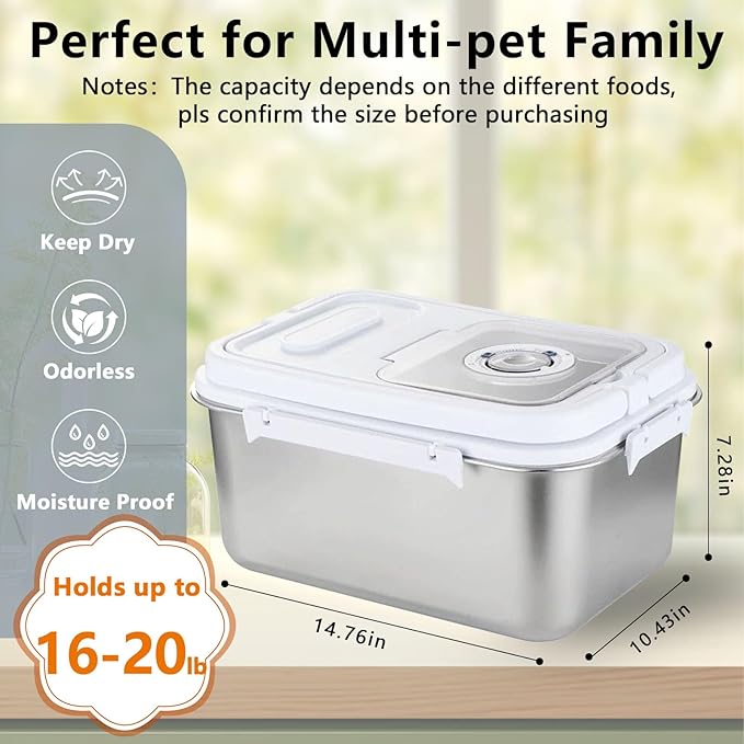 Sanbo Dog Food Storage Container Stainless Steel with Scoop, Airtight Pet Metal Food Storage Bin,Cat Food Canister,Storage Box with Date Tracker for Kitchen (Sliver, 10L)