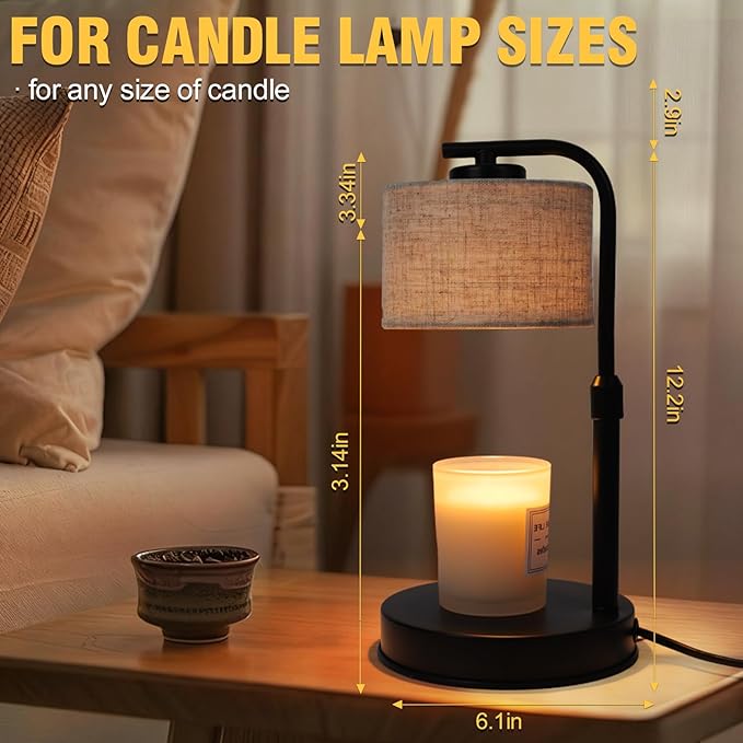 Candle Warmer Lamp with Timer,2 Bulbs, Metal Base and Adjustable Height Fabric Shade Candle Warmer Lamp for All Jar Candles, House Warming Decor Gifts, French Gold (Metal)
