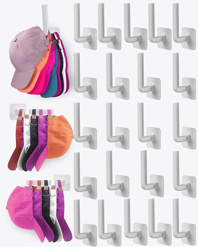 Hat Rack for Hat Storage (22-Pack), Multi-Purpose Hat Organizer, Strong Adhesive Hat Hooks for Wall Hat Organizer for Baseball Caps, Two Mounting Options Hat Hook, White