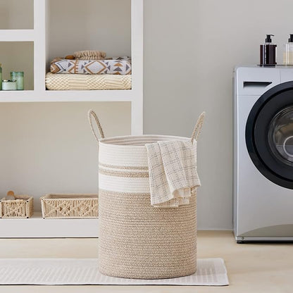 VIPOSCO Large Laundry Hamper, Tall Woven Rope Storage Basket for Blanket, Toys, Dirty Clothes in Living Room, Bathroom, Bedroom - 58L Brown & White