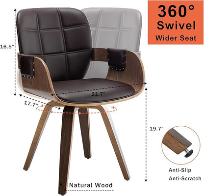 Set of 1 Mid Century Modern Chair - Swivel Dining Chair with Arms and Curved Back, Faux Leather Reception Room Chairs, Ideal for Kitchen/Living Room/Reception/Desk (Coffee Brown)