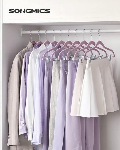 SONGMICS 30-Pack Pants Hangers, 16.7-Inch Long Velvet Hangers with Adjustable Clips, Heavy-Duty, Non-Slip Skirt Hangers, Space-Saving for Pants, Skirts, Coats, Dresses, Pale Purple UCRF012GP30