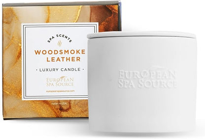 European Spa Source Woodsmoke + Leather Luxury Candle for Aromatherapy, Soy Wax Candle, Hand Poured, at Home Spa Experience Promoting Relaxation, 45 Hours of Burn Time