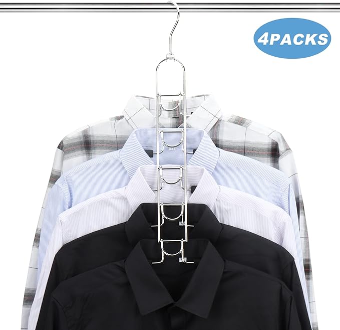 Space Saving Clothes Hangers, Multilayer Metal Hanger 4 Pack 5 in 1 Space Saver Coat Hangers, Anti-Slip Foam Padded Shirt Suit Hanger for Closet Storage Organizer