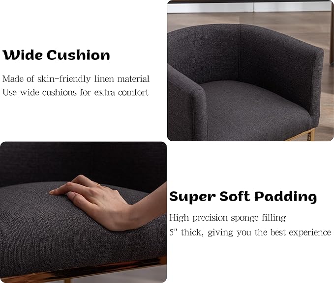 Linen Fabric Dining Chair Modern Barrel Arm Chairs with Black Frame, Upholstered Kitchen Chairs 18.5" Wide Accent Chair for Living Room Dining Room Restaurant, Charcoal