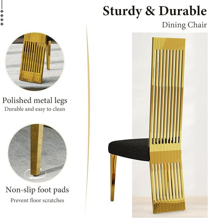 Luxury Black and Gold Dining Chairs, Upholstered Dining Room Chairs with Polished Metal Legs and Backrest, Set of 8
