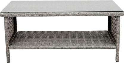 Rattaner Patio Coffee Table Outdoor Furniture Wicker Table 2-Layer Storage with Tempered Glass and Furniture Cover, Grey