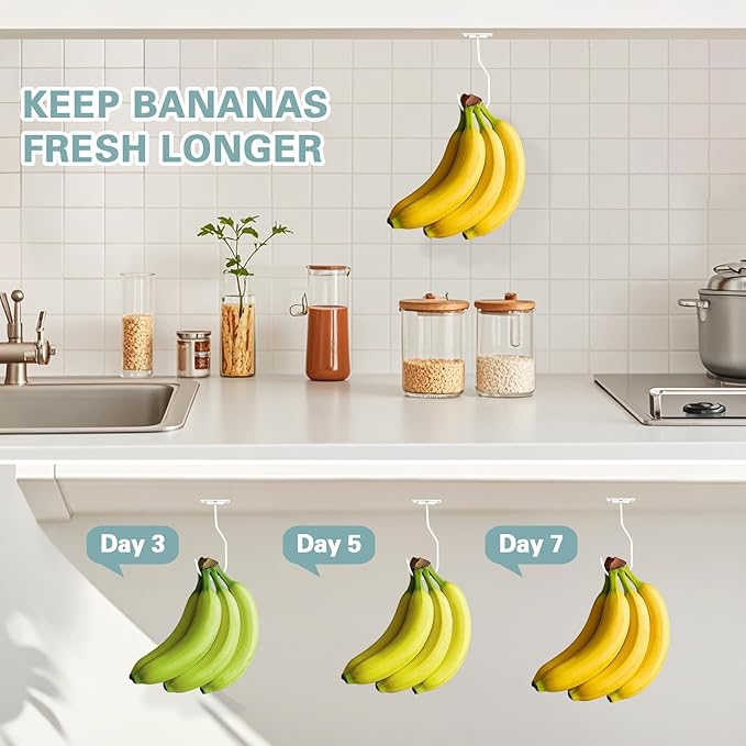 Banana Hanger Hook – Space Saving Banana Holder Hanger to Keep Bananas Fresh, Self Adhesive and Screw Banana Hook 4Pack White