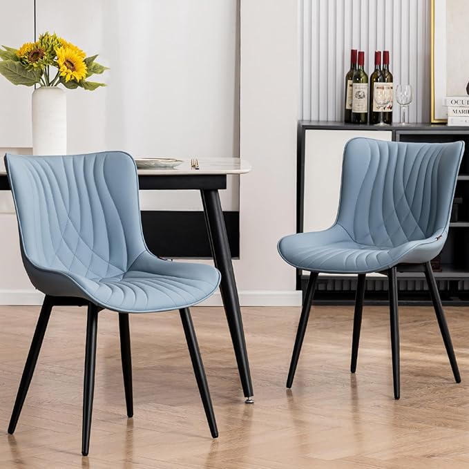 Kidol&Shellder Blue Dining Chairs Set of 2,Faux Leather Upholstered Mid Century Modern Kitchen&Dining Room Chair with Back,Ergonomic Armless Vanity&Living Room Chair with Metal Legs