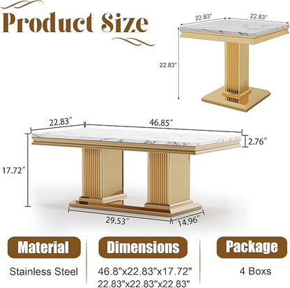 Luxury Living Room Coffee Table Set of 3, Marble Coffee Table and 2 End Side Tables, 3 Piece Living Room Table Set with Stainless Steel Base for Living Room, White Gold