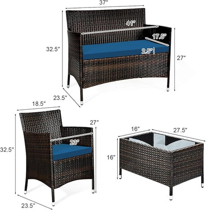 Tangkula 4 Pieces Patio Rattan Conversation Set with Tempered Glass Coffee Table & Thick Cushion, Wicker Set for Garden, Lawn, Poolside and Backyard
