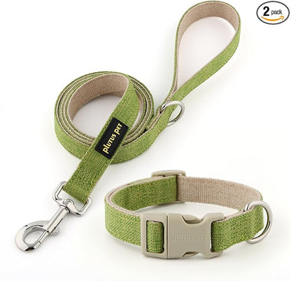 Plutus Pet Cotton Hemp Dog Collar and Leash Set, Adjustable Collar for Small, Medium, and Large Dogs, Heavy Duty and Soft on Skin, Green, S