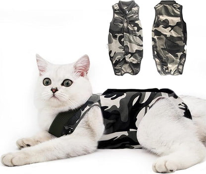 DOTON Cat Recovery Suit for Male and Female Surgical Post Surgery Soft Cone Onesie Shirt Clothes Neuter Licking Protective Diapers Outfit Cover Kitten Spay Collar(M, Camouflage)