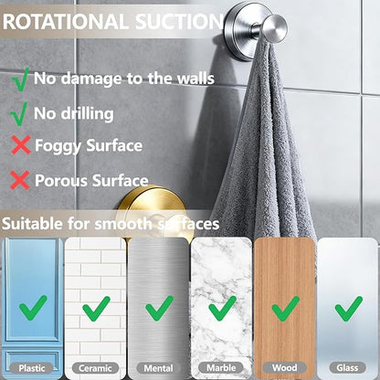 4 PCS Upgraded Drill-Free Suction Cup Hooks, Shower Towel Hooks for Bathrooms Stainless Steel Suction Hook Towels Hanger for Bathroom Kitchen Clothes Mirror Wall (Black)