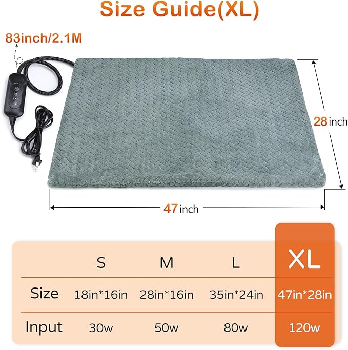 GASUR Extra Large Pet Heating Pad for Large Dogs, Waterproof Dog Heating Pad with Timer Temperature Adjustable, Indoor Heated Electric Pet Bed for Cat Dog, Anti-bite Pet Heated Pad, 47''x28'', XLarge